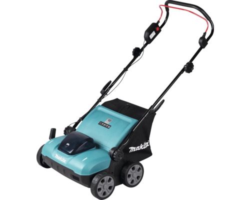 Makita Akku-Vertikutierer mit schwarzem Fangkorb und vier Rädern.