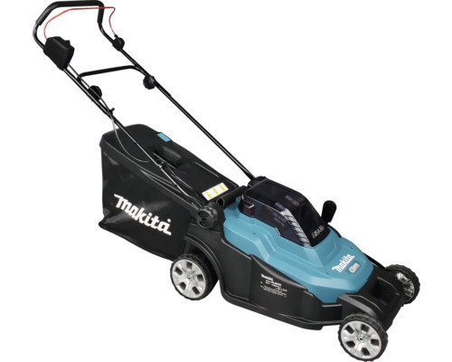 Tondeuse à gazon sans fil Makita bleue et noire, 430 millimètres, avec sac de ramassage noir et guidon pliable.