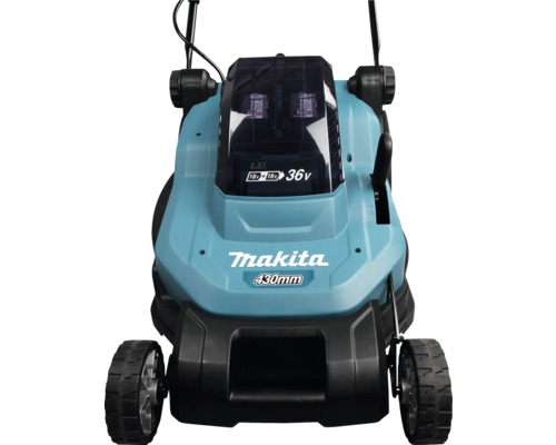Tondeuse à gazon sans fil Makita bleue de 36 volts avec une largeur de coupe de 430 millimètres.