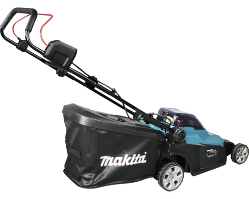 Tondeuse à gazon sans fil Makita avec boîtier noir, bloc moteur bleu et grand bac de ramassage.