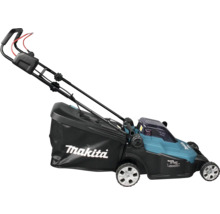 Tondeuse à gazon sans fil Makita en bleu et noir avec un sac de ramassage noir et Makita Logo.