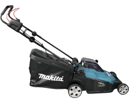 Tondeuse à gazon sans fil Makita en bleu et noir avec un sac de ramassage noir et Makita Logo.