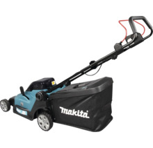 Tondeuse à gazon sans fil Makita avec bac de ramassage noir et guidon réglable.