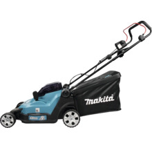 Tondeuse à gazon sans fil Makita bleue avec largeur de coupe de 430 millimètres et bac de ramassage noir.