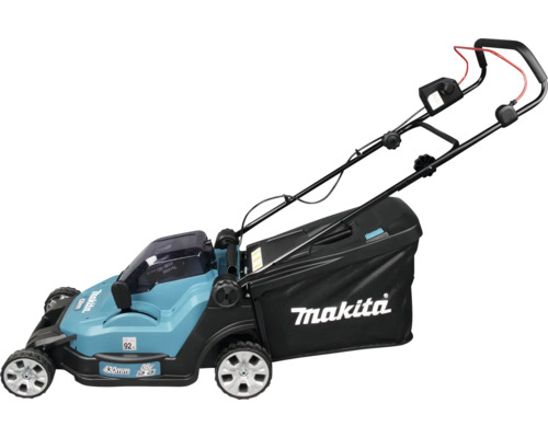 Tondeuse à gazon sans fil Makita avec largeur de coupe de 430 millimètres et puissance de 36 Volt avec sac de ramassage.