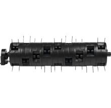 Schwarze Lüfterwalze für Vertikutierer aus Kunststoff mit Federzinken aus Metall.