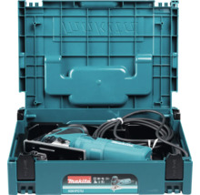 Makita Pendelhubstichsäge im blauen Kunststoffkoffer mit Netzkabel.