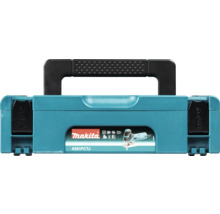 Türkisfarbener Makita Makpac Werkzeugkoffer für Stichsäge 4351FCTJ aus Kunststoff mit Tragegriff und Makita Logo.