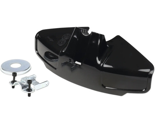 Schutzhaube aus schwarzem Kunststoff für Motorsensen, inklusive Montage-Set mit Metallschelle und Schrauben.