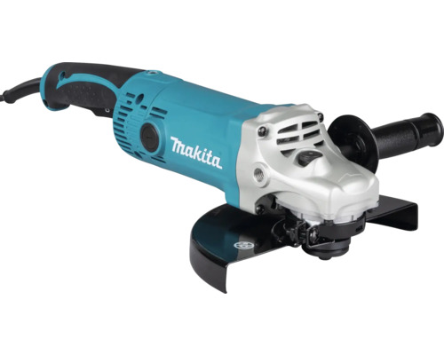 Meuleuse d'angle Makita avec poignée latérale, capot de protection et Makita Logo.