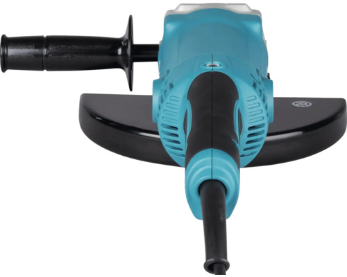 Meuleuse d'angle avec poignée latérale et capot de protection, boîtier bleu avec éléments noirs.