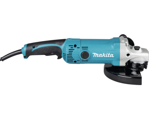 Meuleuse d'angle Makita avec boîtier turquoise, poignée noire et tête métallique argentée.