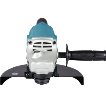 Meuleuse d angle turquoise et argent avec poignée latérale et capot de protection noir.