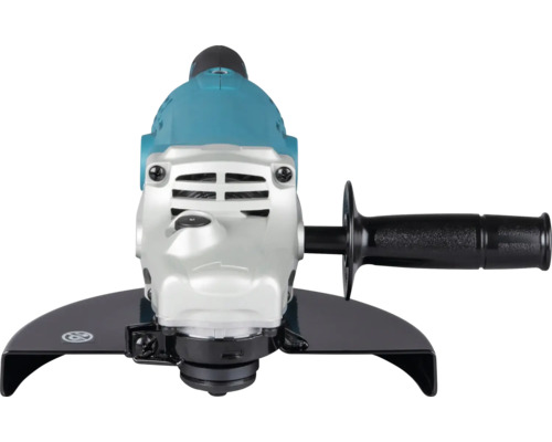 Meuleuse d angle turquoise et argent avec poignée latérale et capot de protection noir.