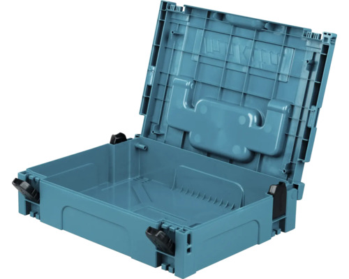 Offener blauer Makita Makpac Werkzeugkoffer aus Kunststoff mit schwarzen Verschlüssen.