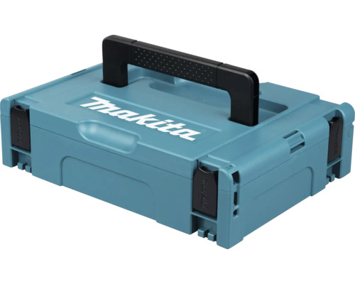 Makita MAKPAC Systemkoffer mit Makita Logo, schwarzem Griff und vier Verschlüssen zum Aufbewahren und Transportieren von Werkzeug.