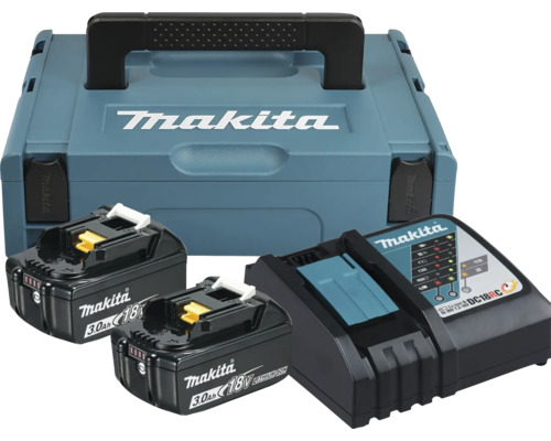 Kit d'alimentation Makita avec coffret Makpac, deux batteries lithium-ion 18 Volt 3,0 Ampères-heures et un chargeur rapide.