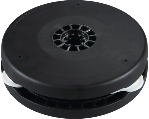 Schwarze Fadenspule aus Kunststoff für Rasentrimmer mit zentraler Halterung.