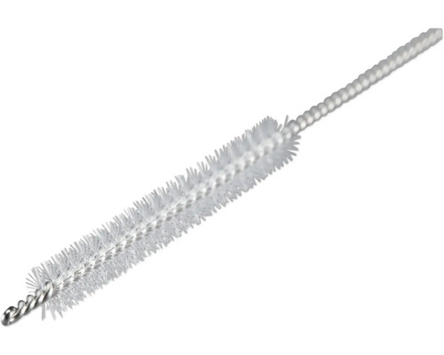 Kleine Reinigungsbürste mit gedrehtem Drahtkern und weißen Borsten für enge Stellen wie Rohre oder Heizkörper.