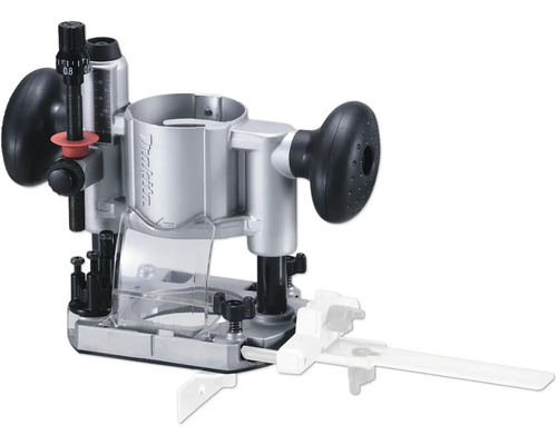 Embase de défonçage plongeante Makita en métal et plastique avec deux poignées noires et réglage de profondeur.