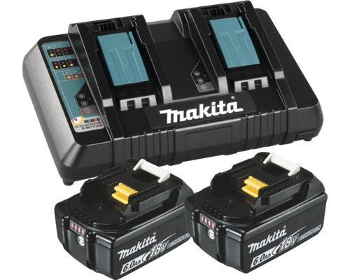 Chargeur double Makita DC18RD avec deux batteries Lithium-Ion 18 Volt 6,0 Ampère-heures. Logo Makita.