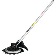 Accessoire de cisailles rotatives Makita avec manche argenté et tête de coupe noire pour débroussailleuses.