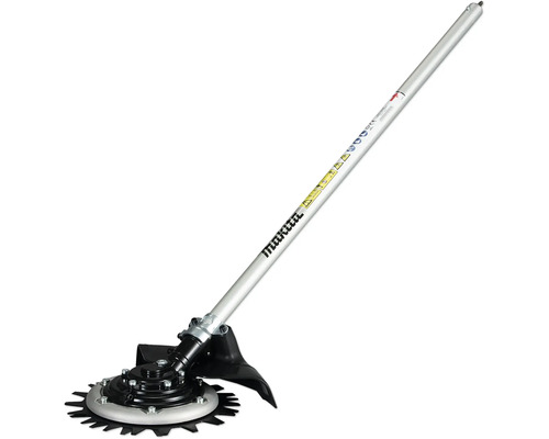 Accessoire de cisailles rotatives Makita avec manche argenté et tête de coupe noire pour débroussailleuses.