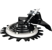 Tête de coupe à ciseaux rotatifs pour débroussailleuse avec disques de coupe dentés en métal et capot de protection.