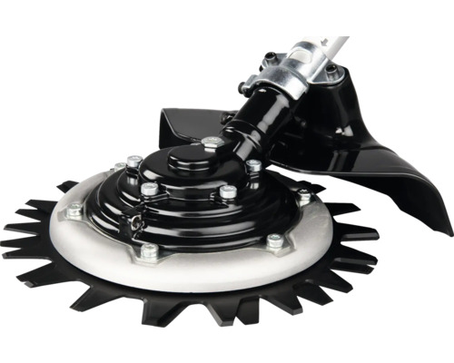 Tête de coupe à ciseaux rotatifs pour débroussailleuse avec disques de coupe dentés en métal et capot de protection.