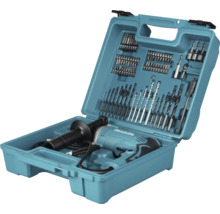 Coffret d'outils Makita turquoise avec perceuse, embouts, forets pour bois, métal et pierre, et douilles.