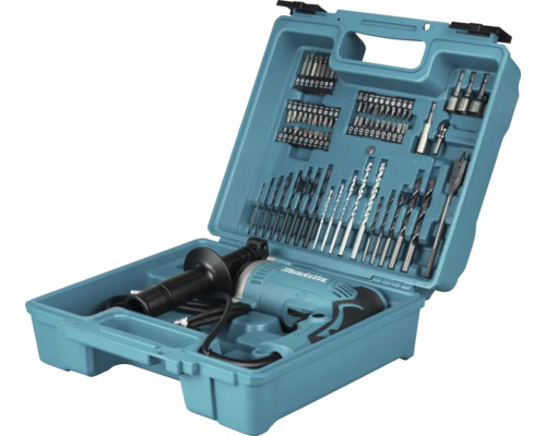 Coffret d'outils Makita turquoise avec perceuse, embouts, forets pour bois, métal et pierre, et douilles.