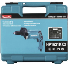 Perceuse à percussion Makita HP1631KX3 dans son coffret de transport avec un kit d'accessoires comprenant des forets et des embouts.