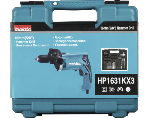 Perceuse à percussion Makita HP1631KX3 dans son coffret de transport avec un kit d'accessoires comprenant des forets et des embouts.