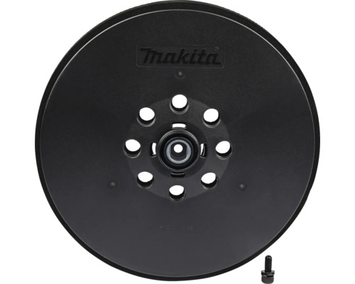 Plateau de ponçage Makita pour ponceuses excentriques avec huit trous d'aspiration et vis de fixation. Logo Makita.