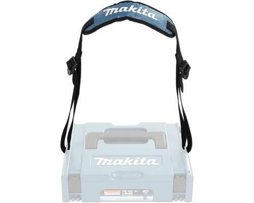 Bandoulière Makita rembourrée et réglable pour coffrets Makpac, noir et bleu avec Makita Logo.