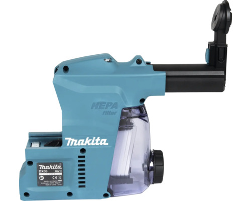 Système aspiration poussière Makita DX08 avec filtre HEPA pour perforateurs sans fil, 18 Volt, plastique, bleu et noir, bac transparent.