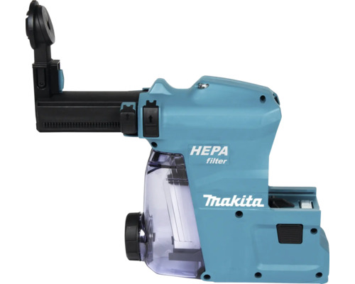 Système d aspiration Makita avec filtre HEPA pour perforateurs, réservoir transparent et bras d aspiration réglable.