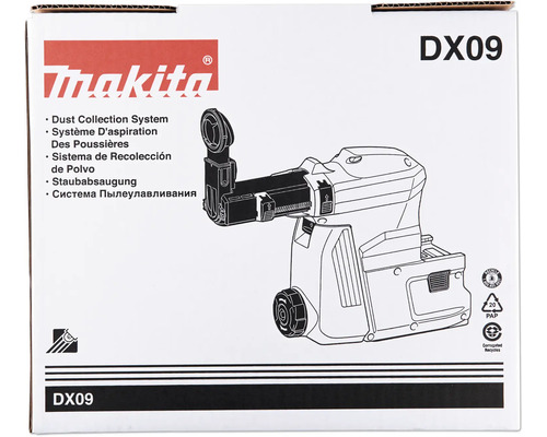Emballage pour système d aspiration Makita DX09 avec illustration de l appareil et Makita Logo.