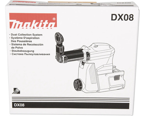 Emballage d'un système d'aspiration Makita DX08 avec illustration du produit et Makita Logo.
