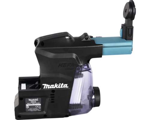 Makita Staubabsaugung DX12 mit HEPA-Filter für Bohrhämmer, schwarzes Gehäuse mit transparentem Staubbehälter.