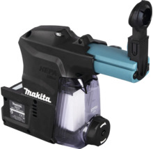 Makita Staubabsaugung DX12 mit HEPA-Filter für Akku-Kombihämmer, Schwarz und Blau, mit transparentem Staubbehälter.