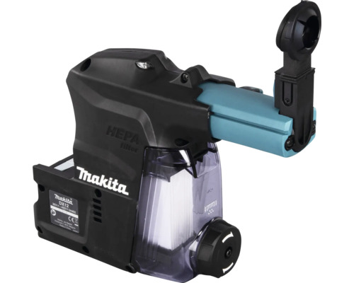 Makita Staubabsaugung DX12 mit HEPA-Filter für Akku-Kombihämmer, Schwarz und Blau, mit transparentem Staubbehälter.