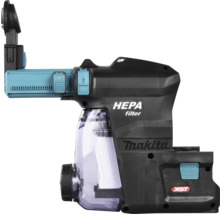 Makita Staubabsaugung mit HEPA-Filter für Akku-Bohrhämmer der XGT-Serie, schwarzes Gehäuse mit transparentem Staubbehälter und Makita Logo.