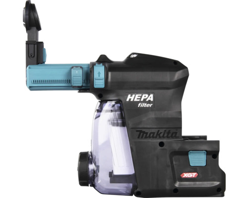 Makita Staubabsaugung mit HEPA-Filter für Akku-Bohrhämmer der XGT-Serie, schwarzes Gehäuse mit transparentem Staubbehälter und Makita Logo.