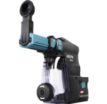 Makita Logo, schwarze und türkise Staubabsaugung mit HEPA Filter für Bohrhämmer, transparentes Staubbehältnis, XGT System.