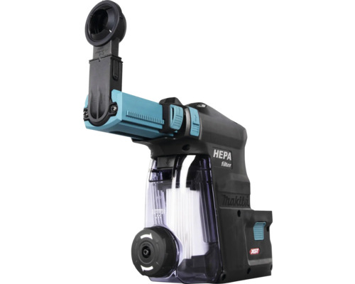 Makita Logo, schwarze und türkise Staubabsaugung mit HEPA Filter für Bohrhämmer, transparentes Staubbehältnis, XGT System.