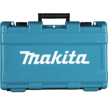 Coffret de transport Makita bleu en plastique avec poignée noire et Makita Logo.