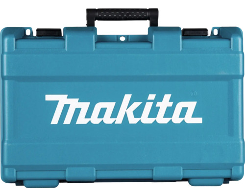 Coffret de transport Makita bleu en plastique avec poignée noire et Makita Logo.