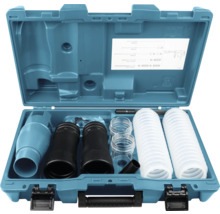 Coffret de transport bleu avec kit d'aspiration de poussière, comprenant deux tuyaux blancs, des adaptateurs noirs et divers accessoires.