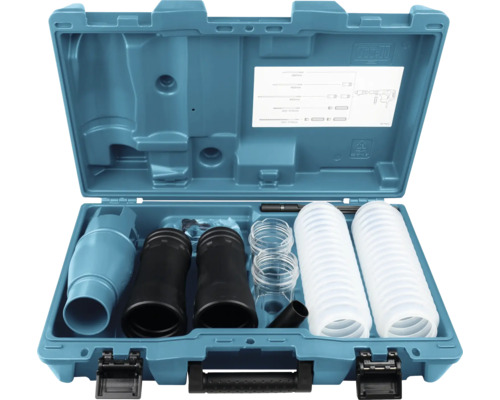 Coffret de transport bleu avec kit d'aspiration de poussière, comprenant deux tuyaux blancs, des adaptateurs noirs et divers accessoires.